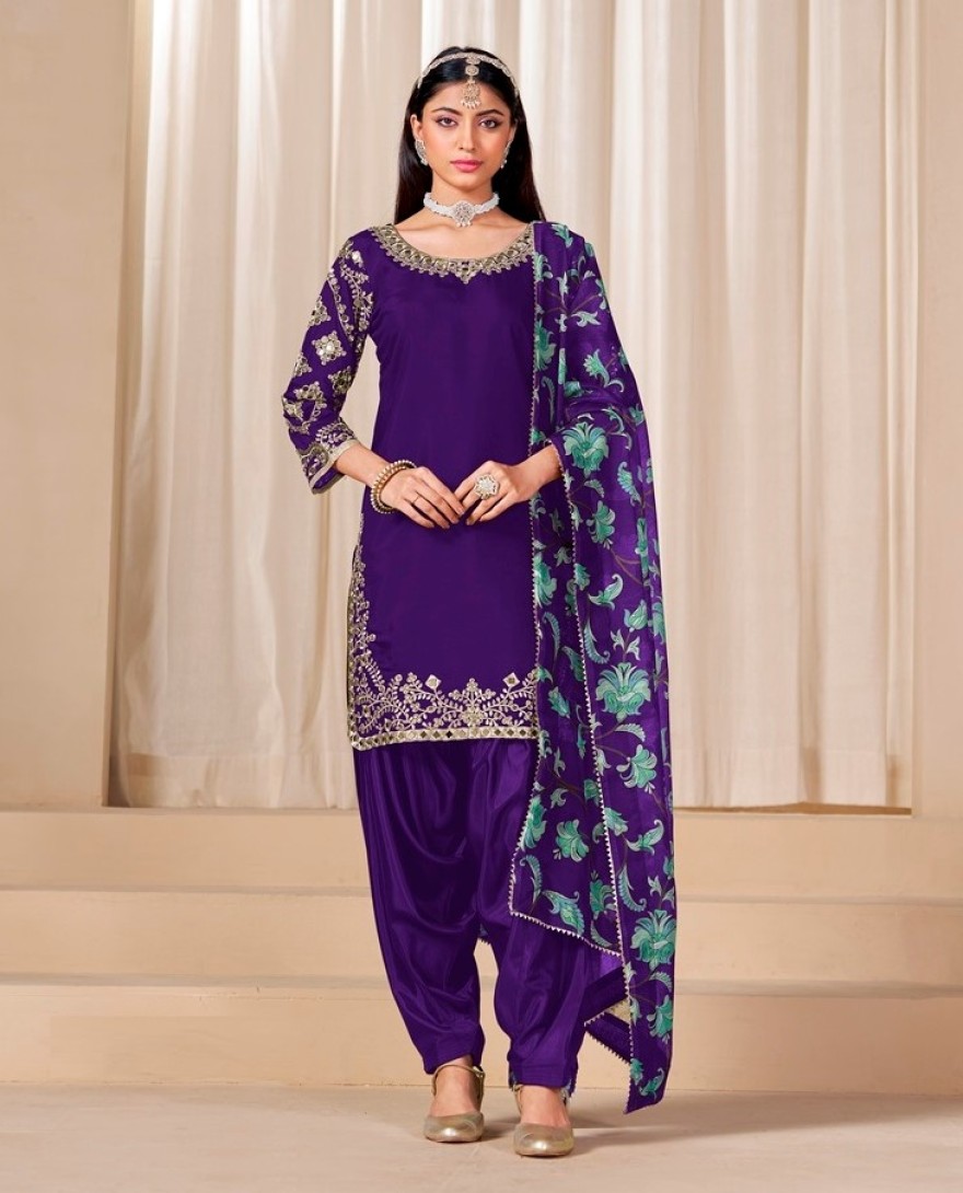 225-purple - Mirror Work Purple Embroidered Punjabi Suit